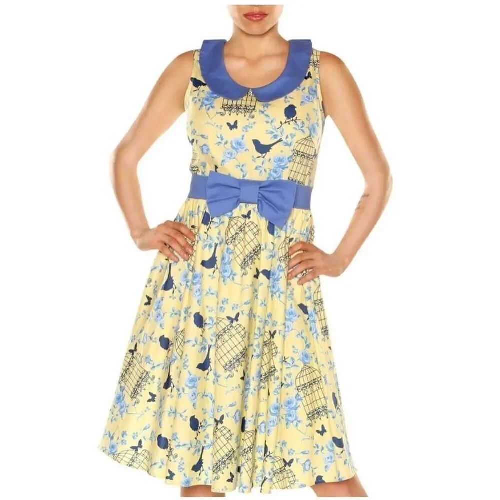 ModCloth Retrolicious Women’s Pale Yellow Blue Floral Birdcage Novelty Printed D